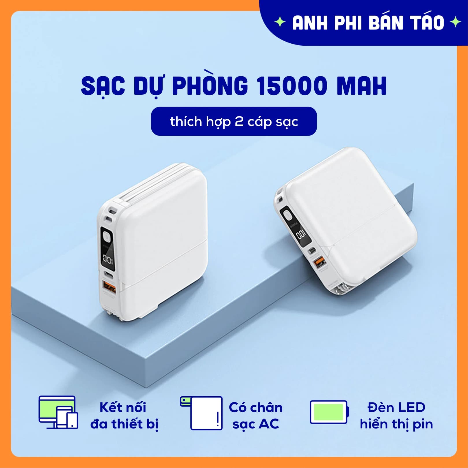 Sạc Dự Phòng Sao Thổ 15000mAh Power Bank Tích Hợp 2 Cáp